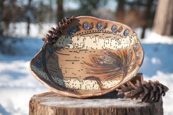 birch bark pine branch and pine cone ceramic bowl by birch bark pine branch and pine cone ceramic bowl by