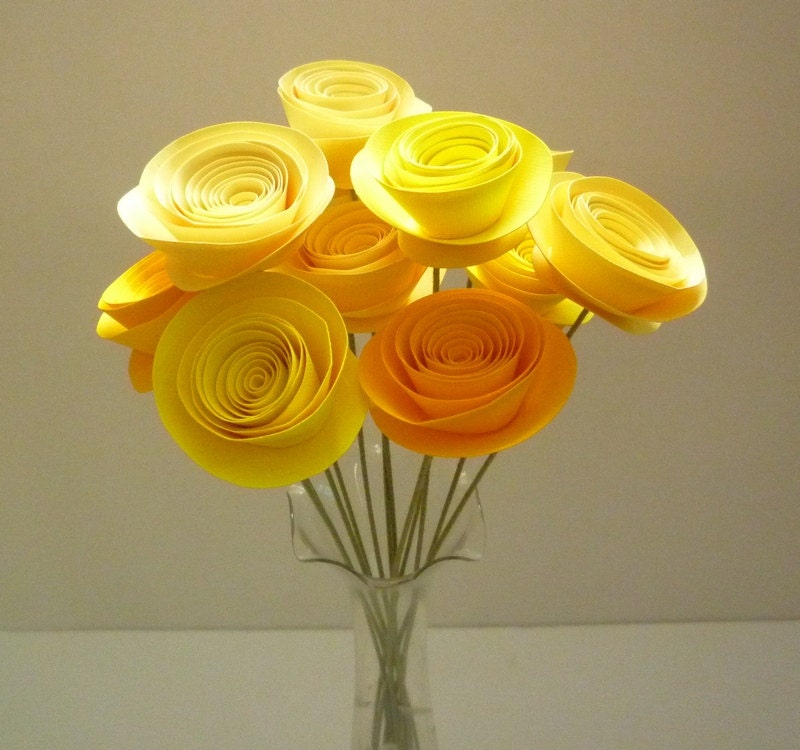 12 Cheerful Paper Flower Arrangement, Medium Paper Flowers in Yellow
