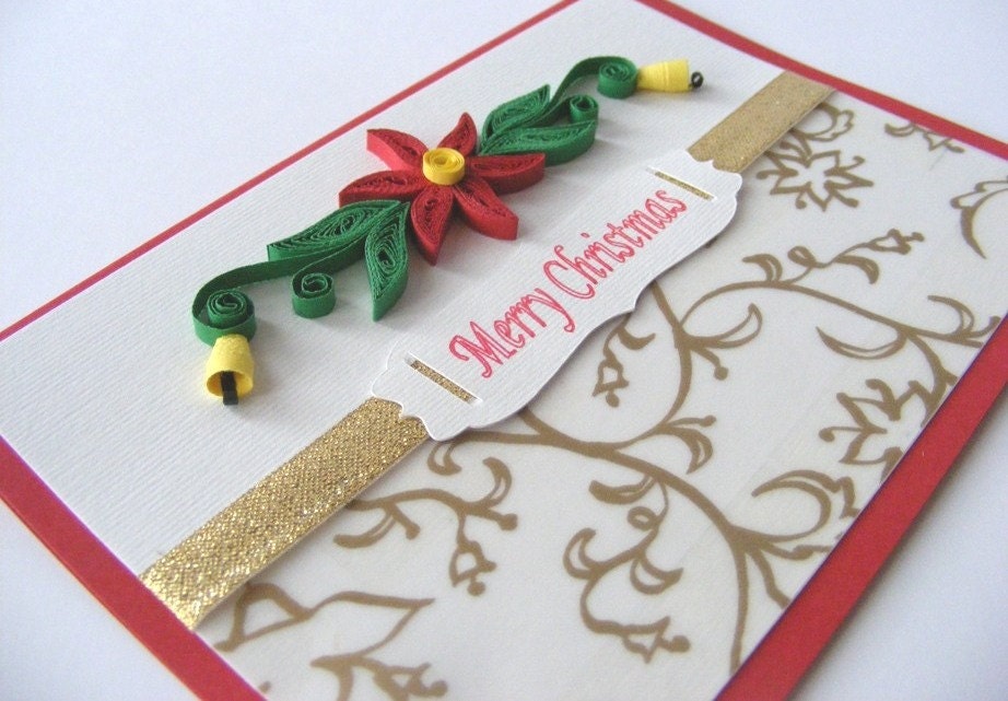 Quilling Christmas Card - quilling poinsettia, quilling bells, golden ribbon - RollingIdeas