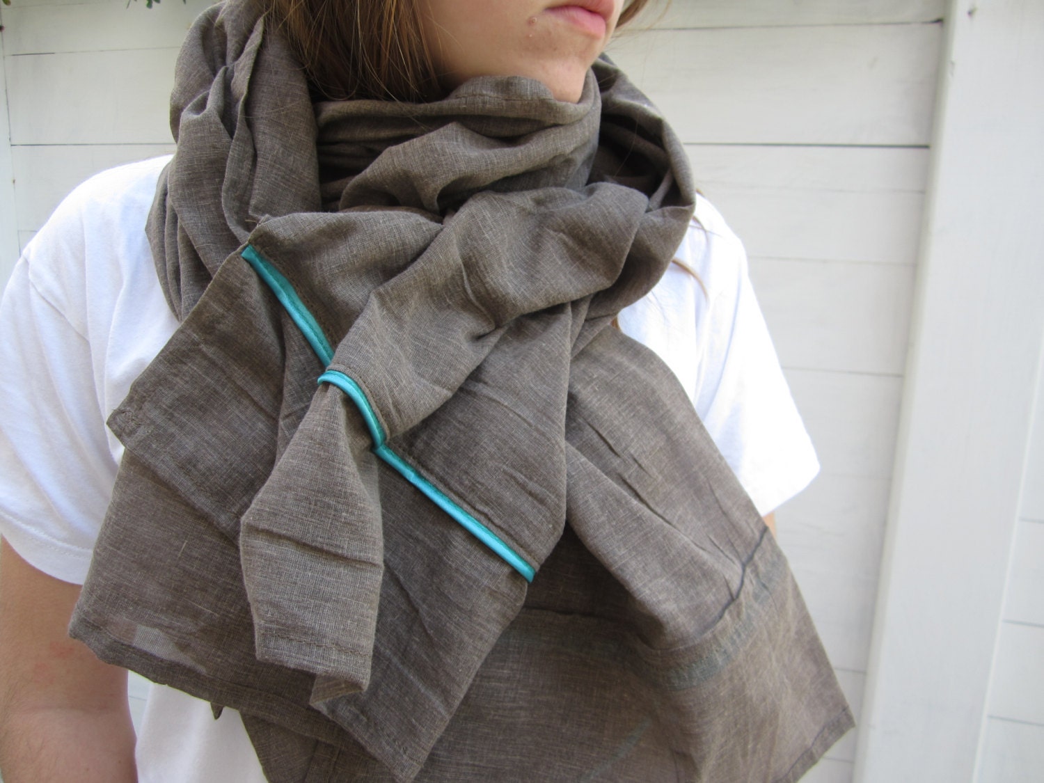 Hand made one of a kind brown scarf with sky blue trim. - SaffronMoonArt