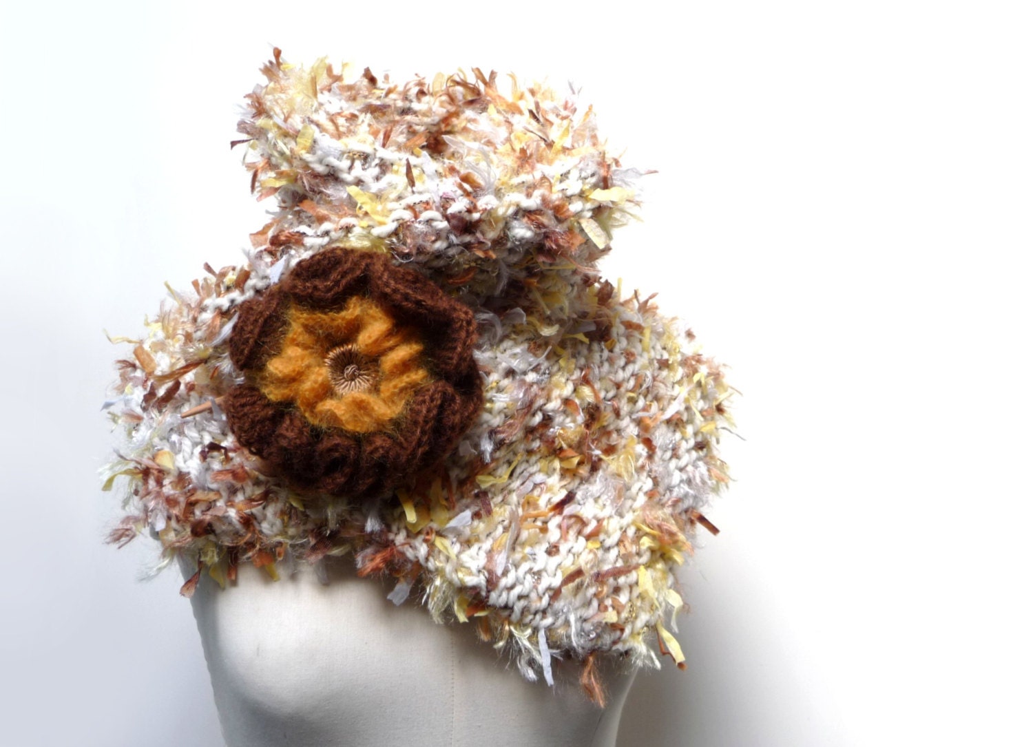 Chunky Scarf, Shrug, Bolero, Neckwarmer - Handknit Multifuncional - white, yellow, brown fuzzy yarn with giant flower brooch - SPICED SNOW - ixela