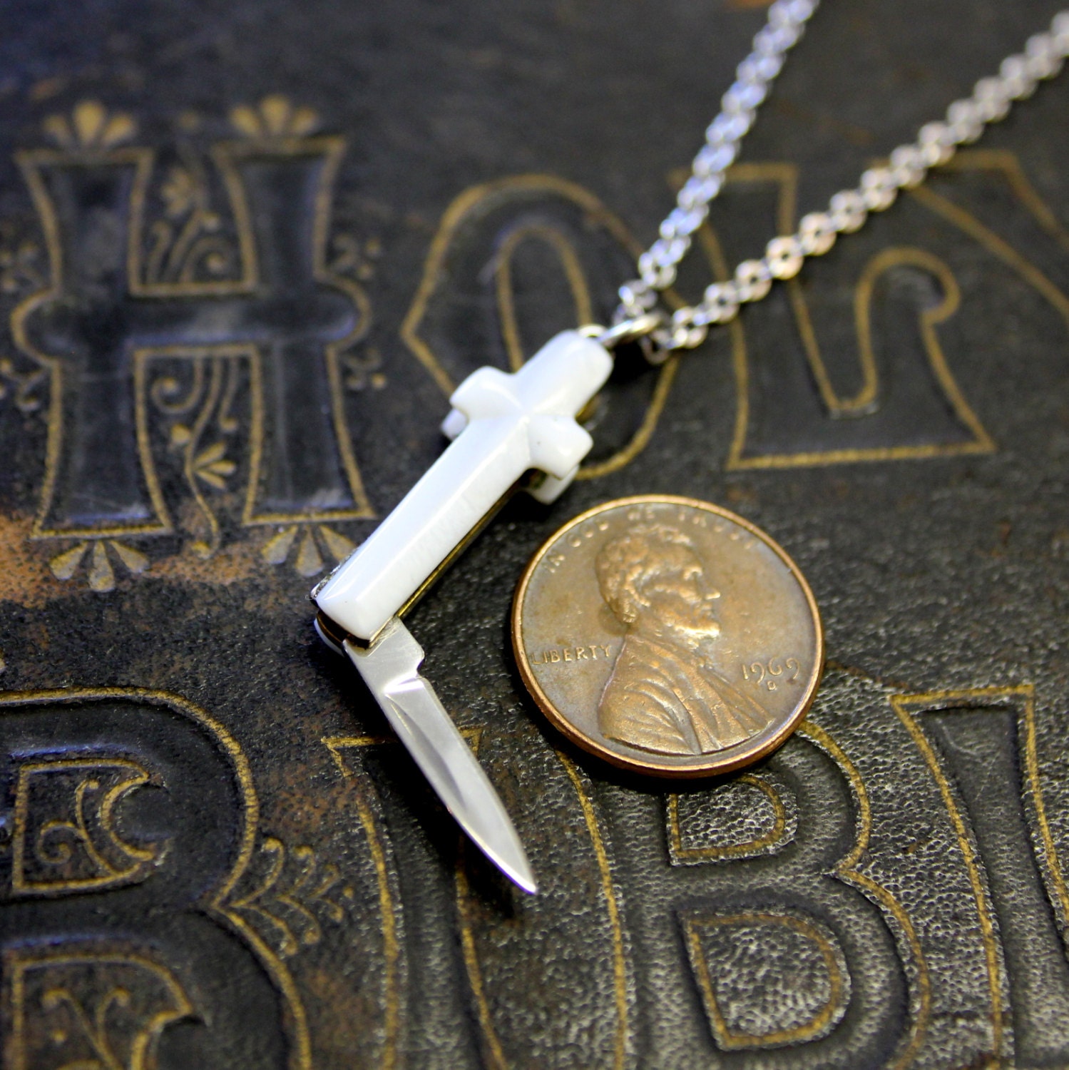 The Sisters Cross Knife Necklace Mother of Pearl Hidden Knife Cross