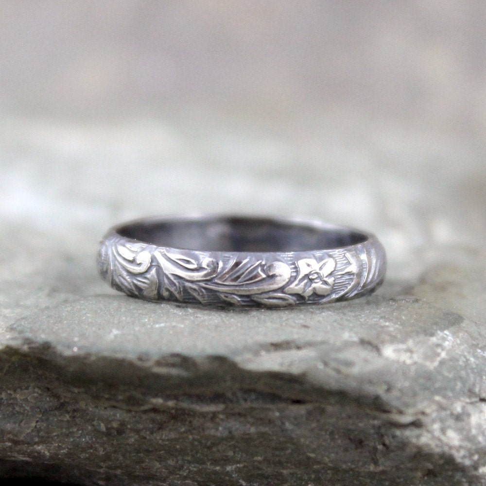 Rustic Floral Pattern Sterling Silver Band Wedding by