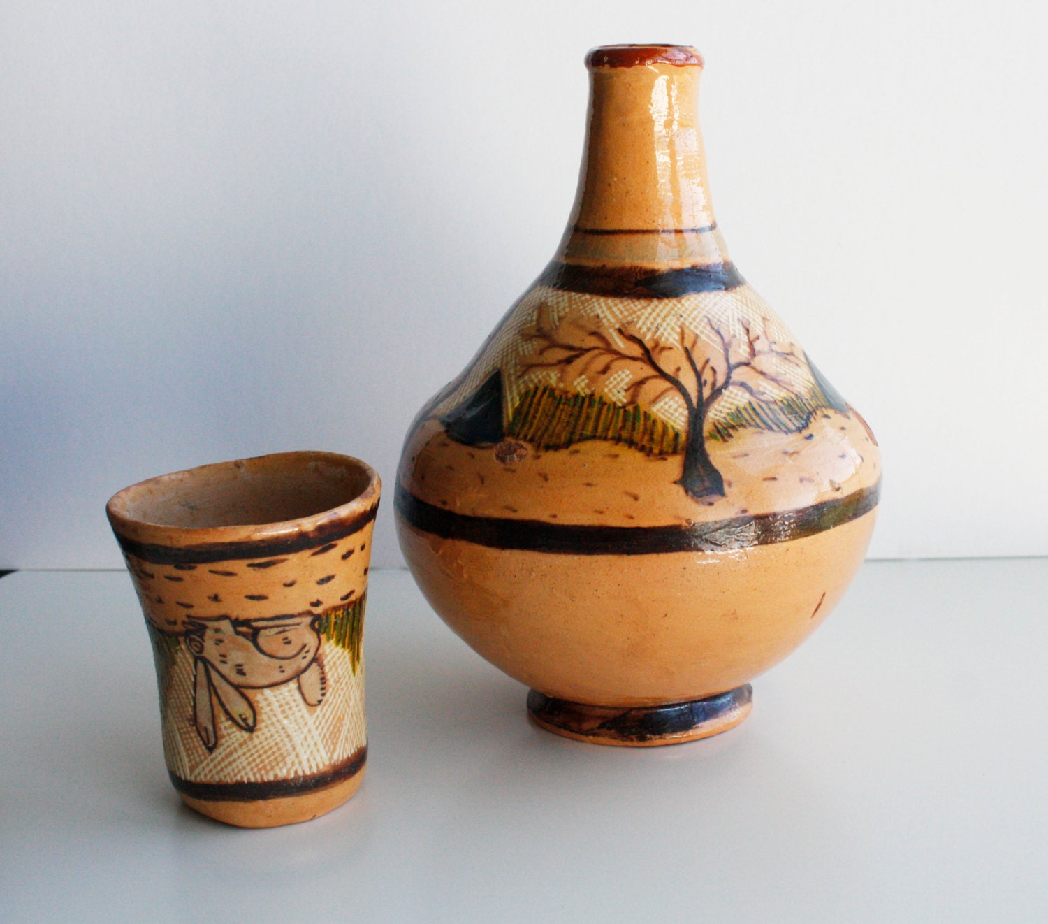 Items similar to Mexican Clay, Handpainted Jug and Cup - Pre-1965 on Etsy