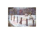 ACEO Winter Sheep painting day 313, Snow Landscape, sheep art  Original Art ACEO. Acrylic on Canvas, 7th February 2014, miniature sheep art. - TheArtBoat