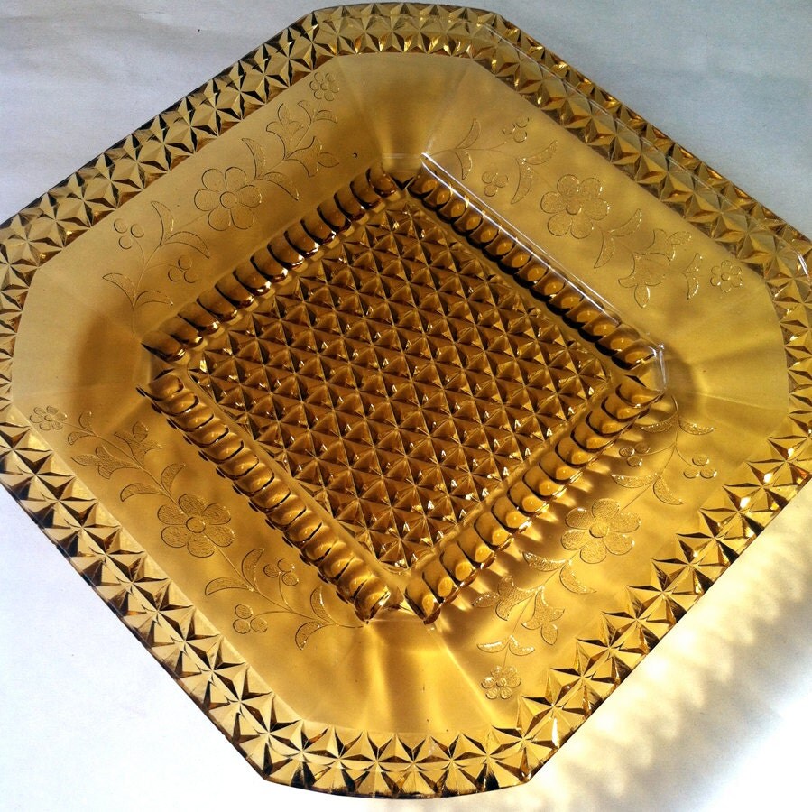 Vintage Amber Cut Glass Square Plate by TimelessEclectics on Etsy