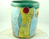Ceramic Utensil Holder in woodland design - ice bucket or wine bottle holder - BlueSkyPotteryCO