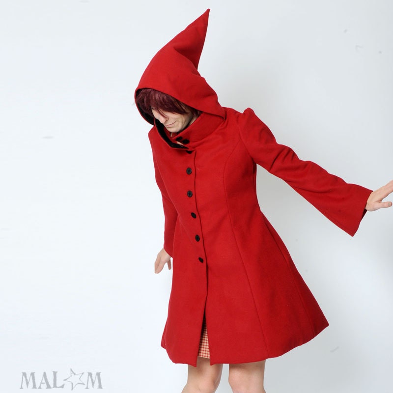 WINTER SALE - Red hooded Coat with tall collar - Red winter coat, womens coat - Goblin hood coat - Size S-M - Malam
