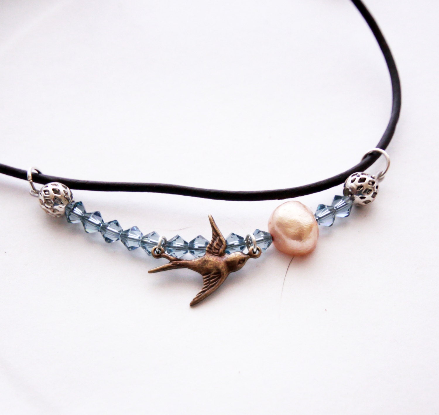 Bird Necklace * Copper Swallow Necklace * Blue Swarovki Crystal * Pearl * Leather * Nature Jewelry * Hiker's Gift * Flew the Coop - ScrapsandPaper