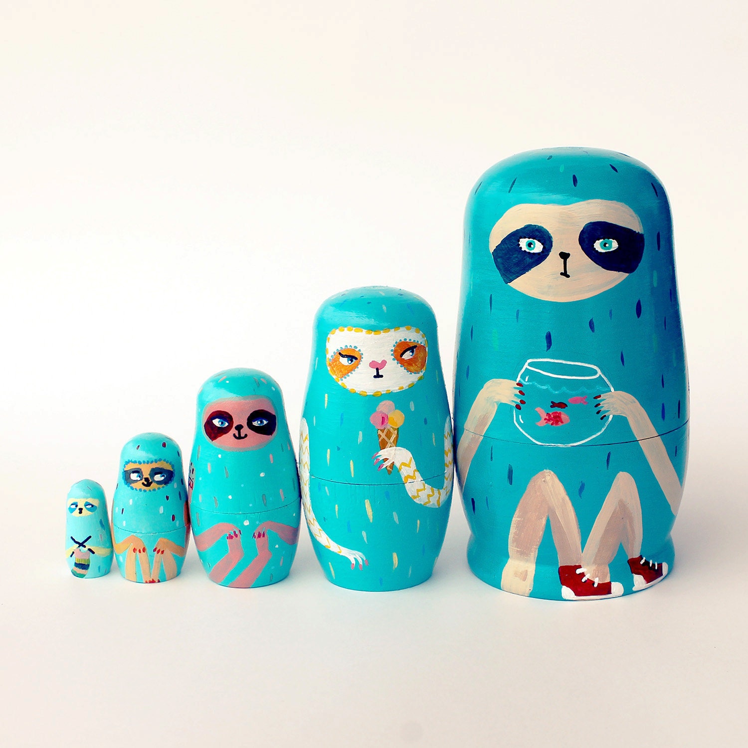 Hand painted nesting dolls - sloths - set of 5 - free shipping in Australia