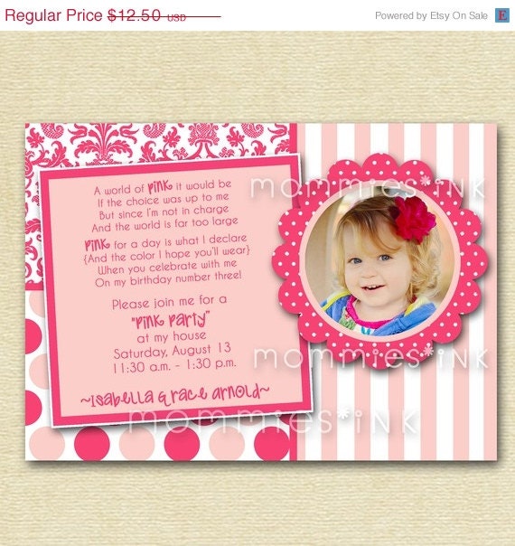 HOLIDAY SALE 10% off Pink Party Custom Photo Birthday Invitation - PRINTABLE Invitation Design Il_570xn