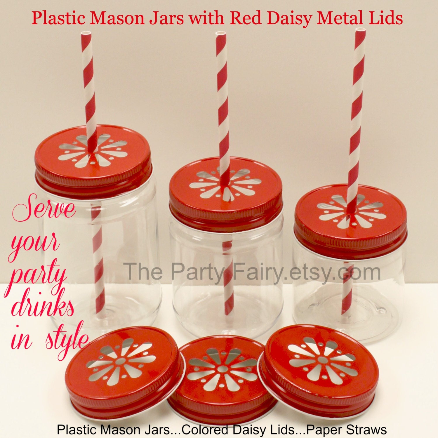 PLASTIC Mason Jars w/ FREE Daisy Cut Lids....Set by