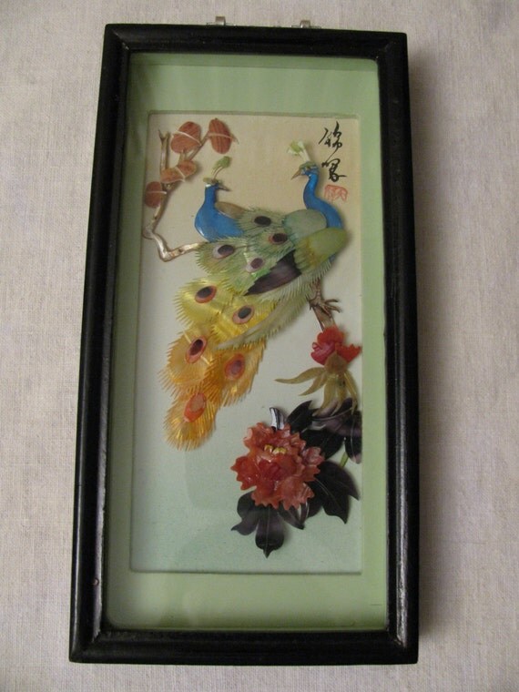 Asian Shell Art Shadow Box Hand Carved Peacocks by gaelianna