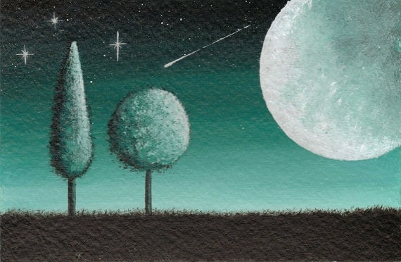 Twilight in Emerald Green - Original acrylic miniature painting - 4 x 6 - VioletHouseCrafts