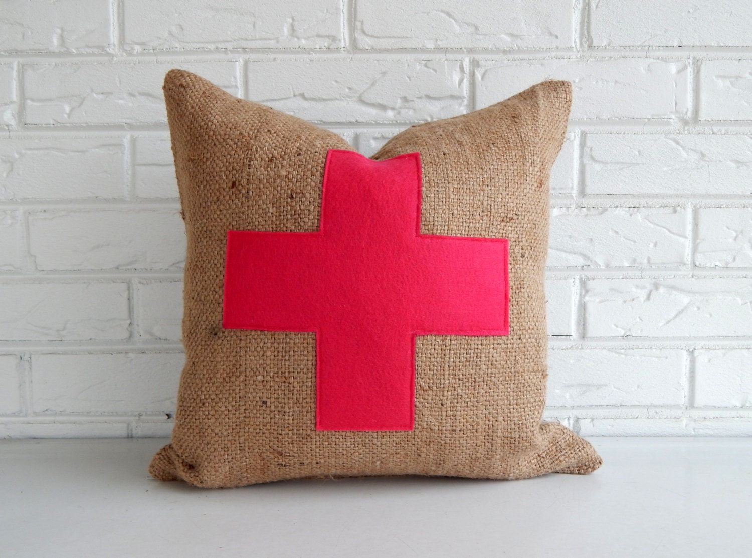 Hot Pink Swiss Cross Pillow Cover in Burlap by habitationBoheme