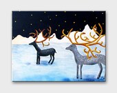 Original painting DEER in art Christmas home decor Gift idea for the home wall art / Winter animal acrylic painting Snow mountains art 11x14 - AstaArtwork