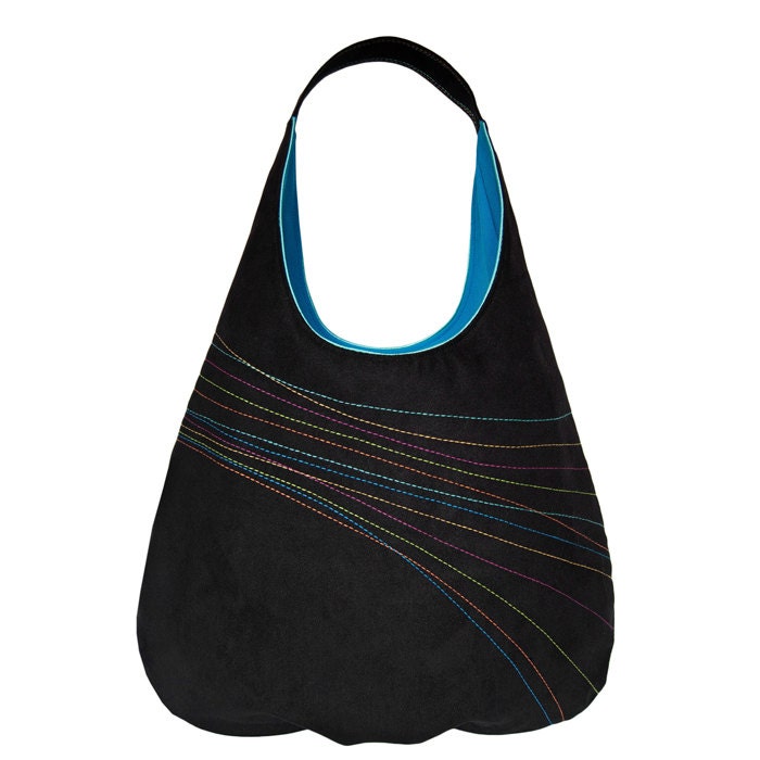 black LINES -  shoulder hobo bag, turquoise lining + colorful embroidered lines - bandabag