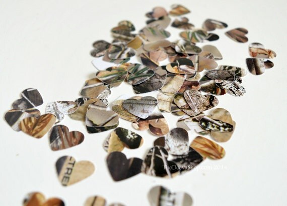 Camo Confetti, Camouflage Heart Confetti, Camouflage Paper Hearts, Table Scatter Camo Confetti Hearts, Rustic Country Weddings, 100 Pcs