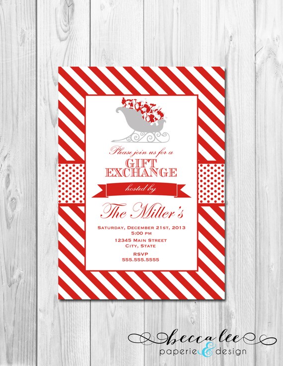 Holiday Party Invitation - Gift Exchange - Red and White Stripes - DIY - Printable Il_570xn