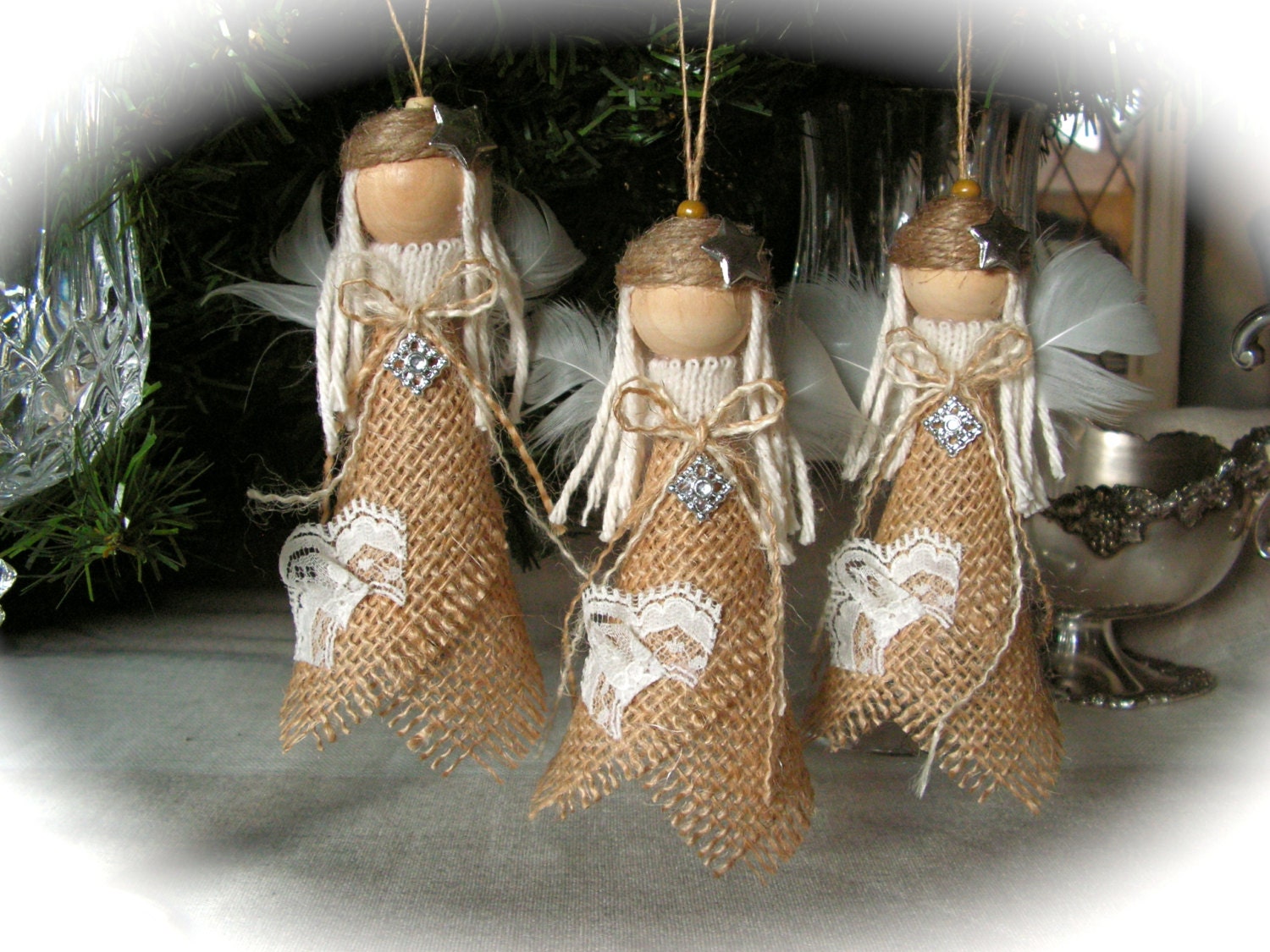 Christmas Ornament- burlap angel - set of 3