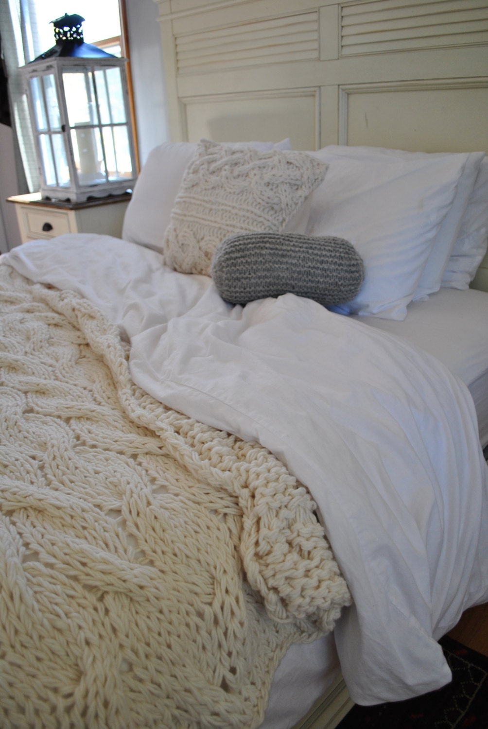 Knit Blanket in Cream Irish Wool Throw, Twin, Full Queen, King Bed ...