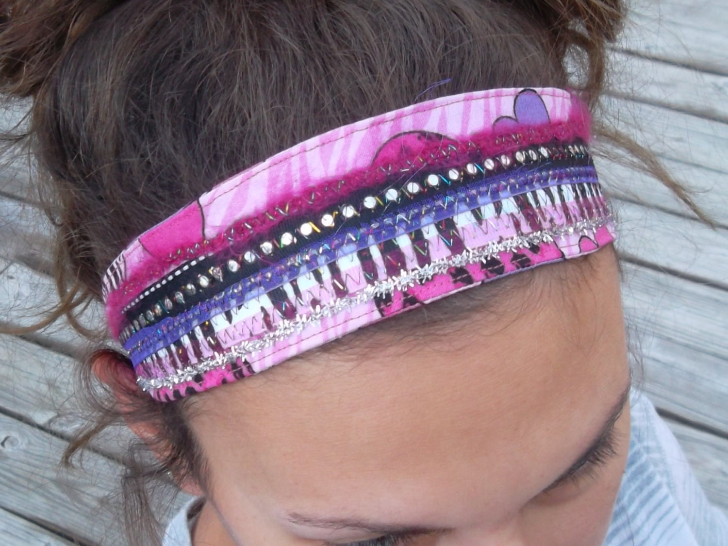 Pink and Purple Reversible Headband Zebra Heart Fabric Slip On Head Band - ransomletterhandmade