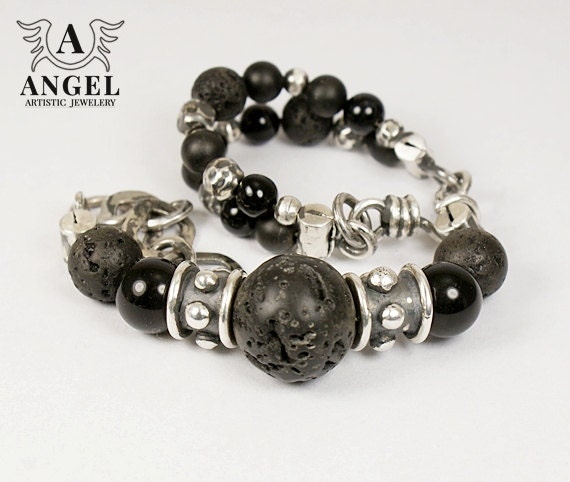 Handmade Bracelets, Sterling Silver, Patina, Black Lava, Onyx - Womens Bracelet - Rustic Bracelet - Rocker Jewelry - AngelJK