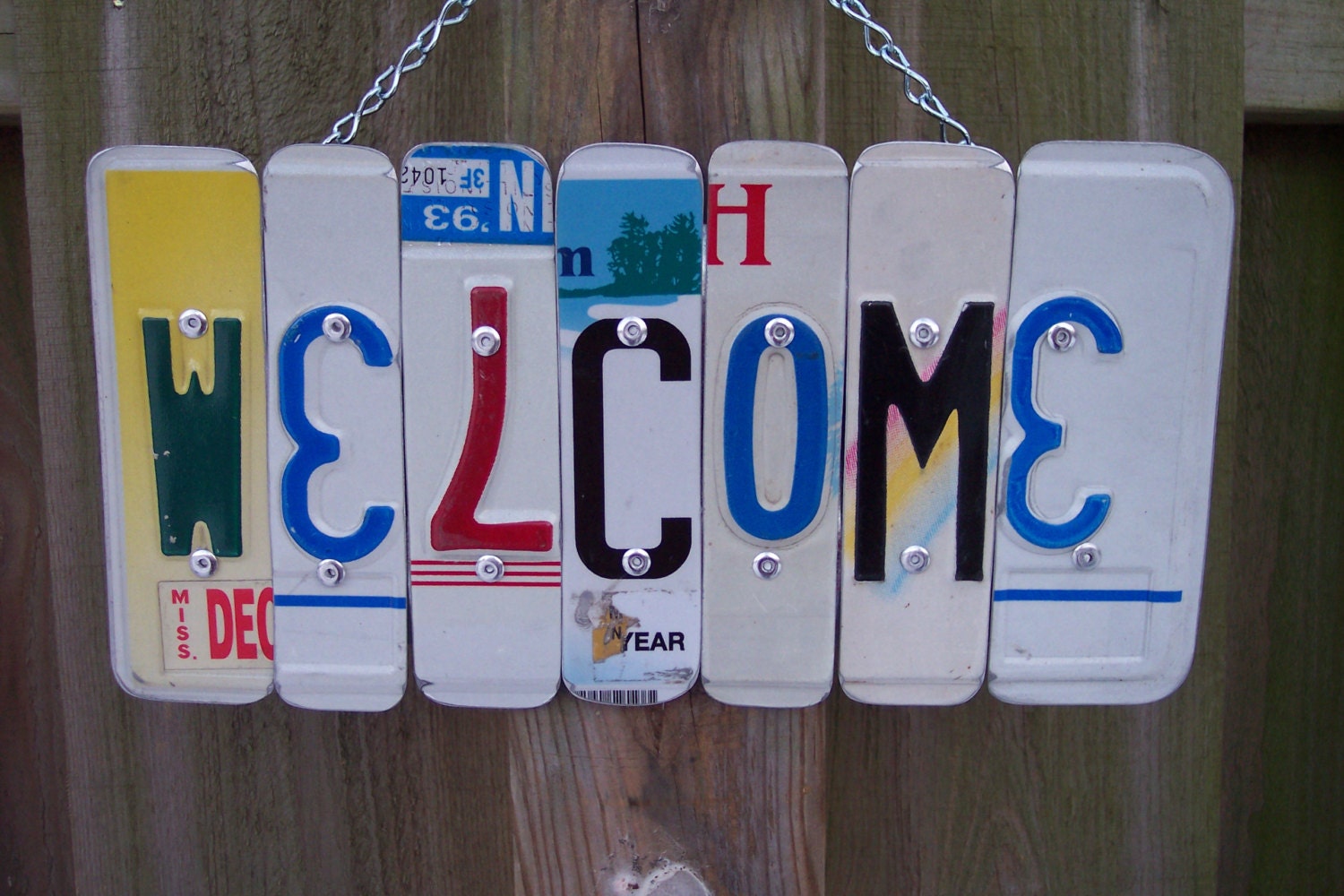 WELCOME Sign Recycled - Repurposed - Upcycled WELCOME License Plate Wall Hanging