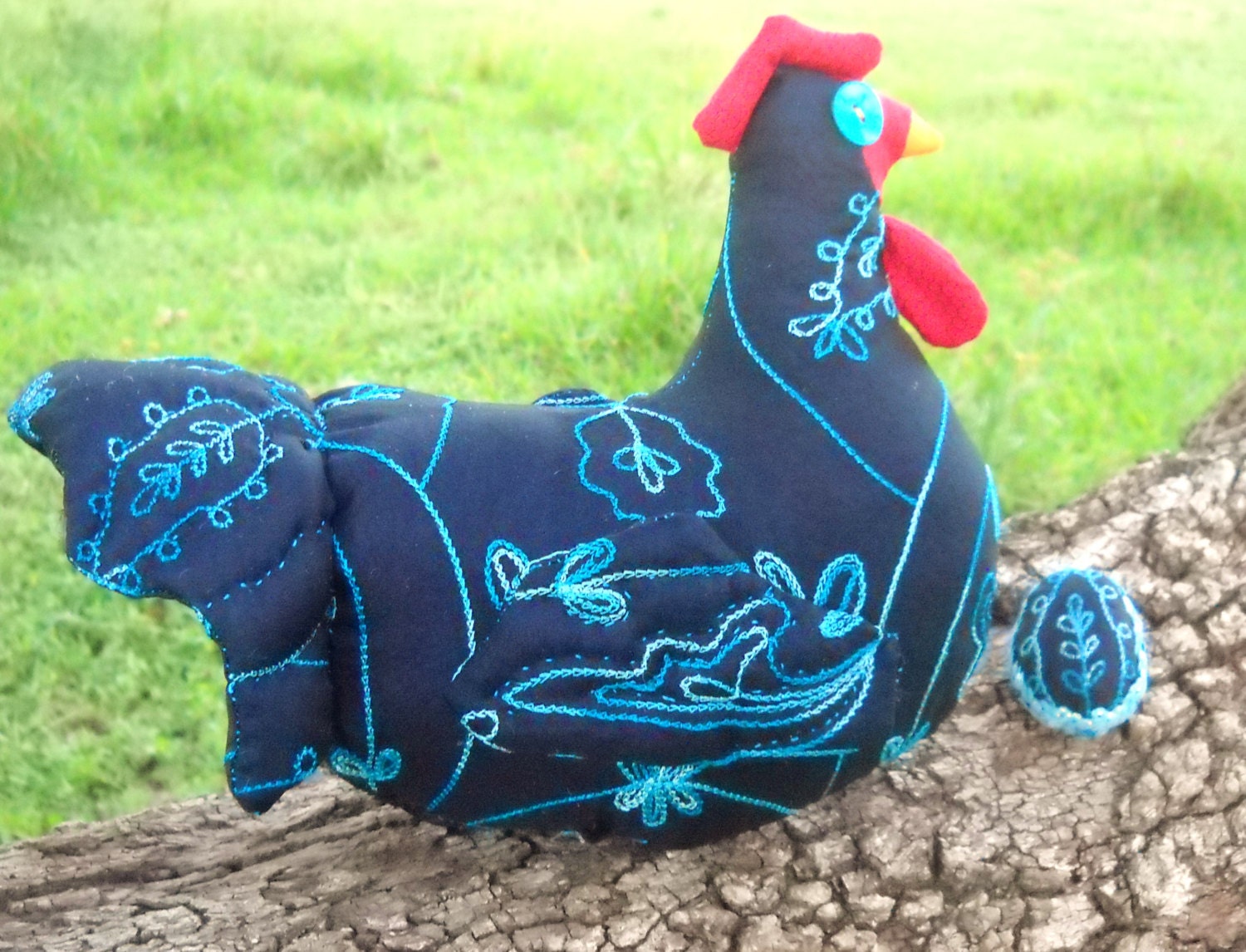 SPRING SALE - Colorful chicken doorstop  - "Ramblin Rita" - embroidered blue silk, quilted wings and tail and fancy blue egg - ChickenJungle