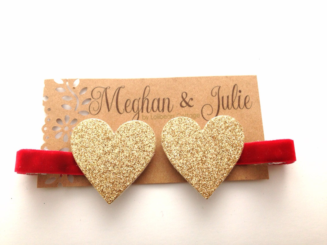Red & Gold Glitter Hearts Hair Clips. Gold hair clips . Gold Glitter hearts. Meghan and Julie. Valentine's Day Hair Clips - MeghanandJulie