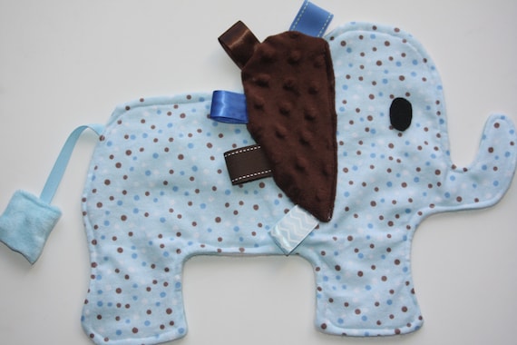 Blue and brown polka dot taggie elephant with brown minky dot ear