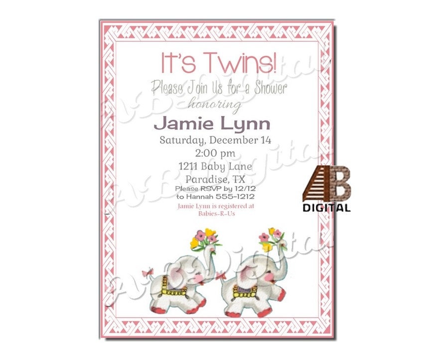 Twins Baby Shower Elephants Invitation Birth Announcement Invite Pink ...