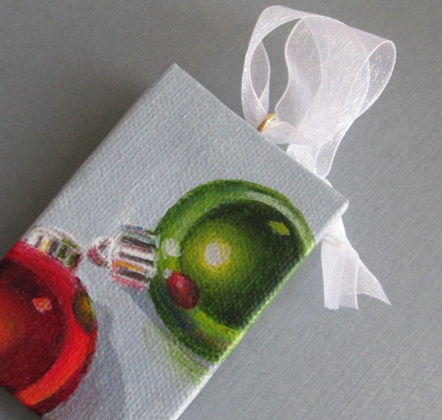 Small Acrylic Painting of Christmas Ornaments Red by ShirleyArt