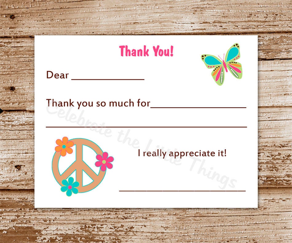 Printable / Peace Sign Fill-In Thank You Cards for Kids / Hippie Chick (Instant Download) Il_570xn