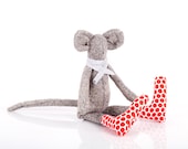 Eco mouse doll made from woven black and white pure silk wearing gray plaid scarf & red dotted socks - timohandmade Stuffed eco animal doll - TIMOHANDMADE