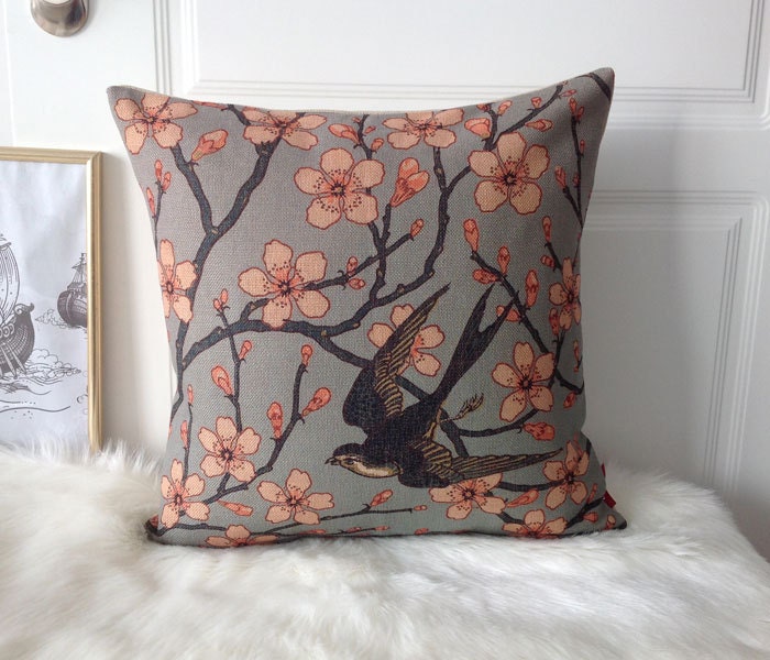 Items similar to Decorative pillow cover country style Swallow birds Plum flower printed throw