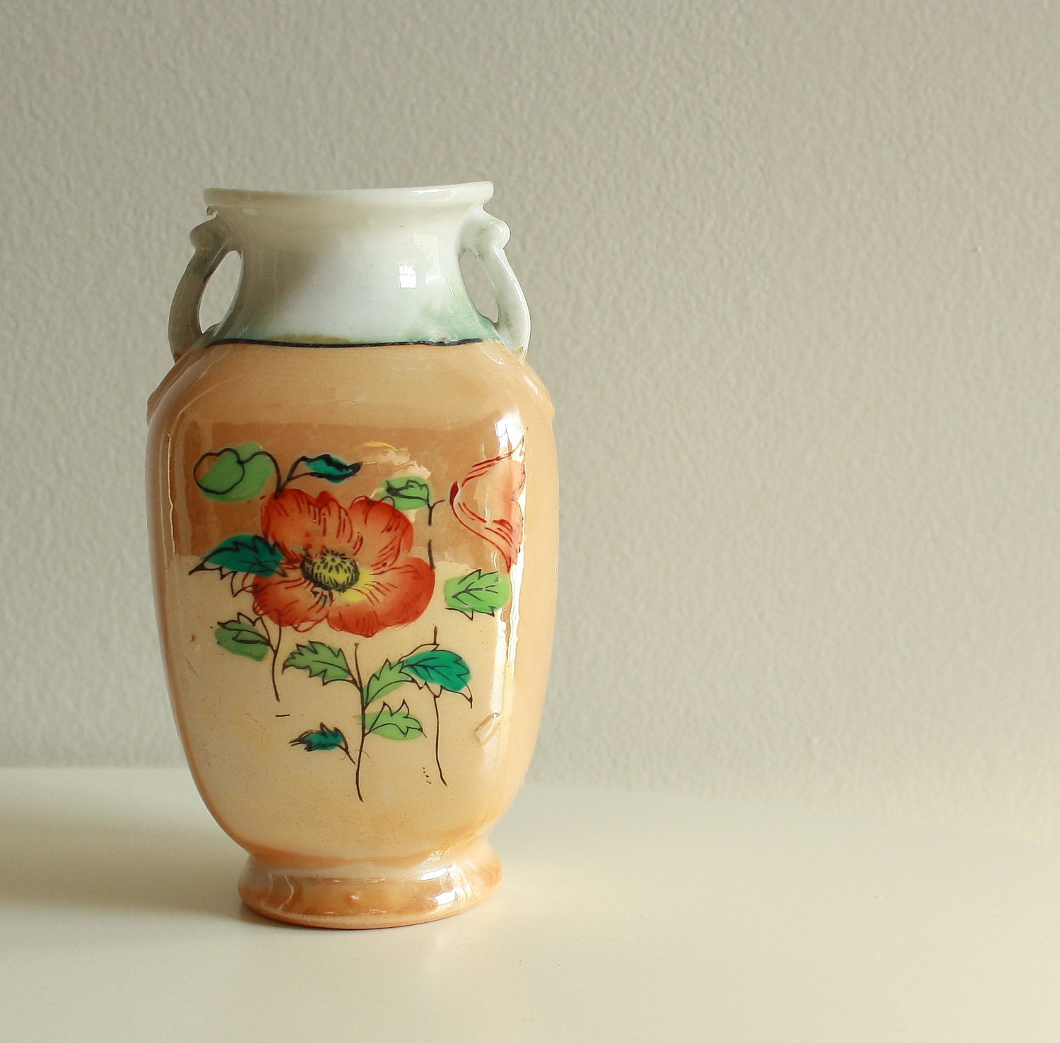 Antique Handpainted Vase. Vintage Asian Vase. Small Ceramic Vase. Asian Home Decor. Vintage Decorative Vase with Poppies - KLizVintage