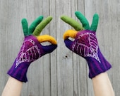 Hand felted wool gloves, purple with colored fingers. OOAK - filcAlki