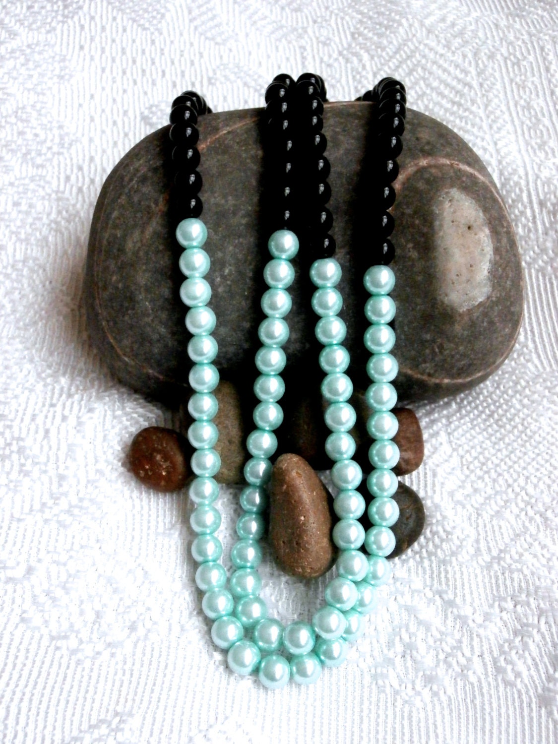 Black / Turquoise Necklace - Two Strands Glass Pearls. - ReTainReUse
