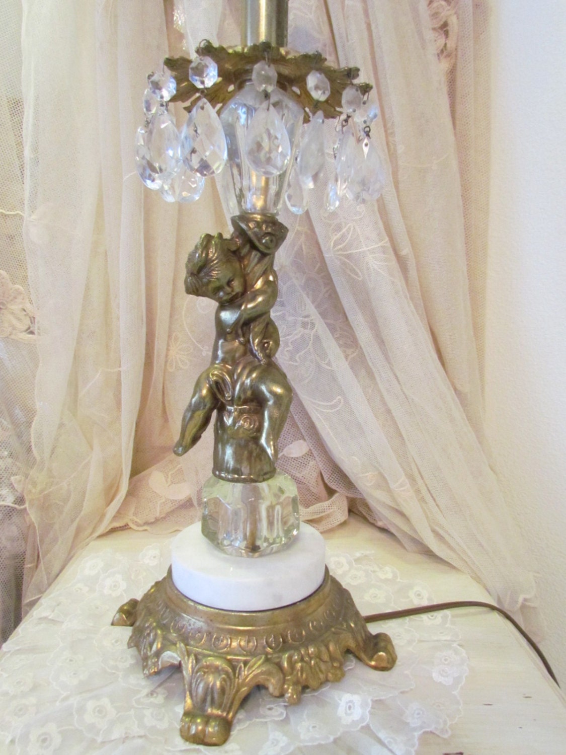 Vintage Cherub And Marble Lamp With Crystal by VannasArmoire