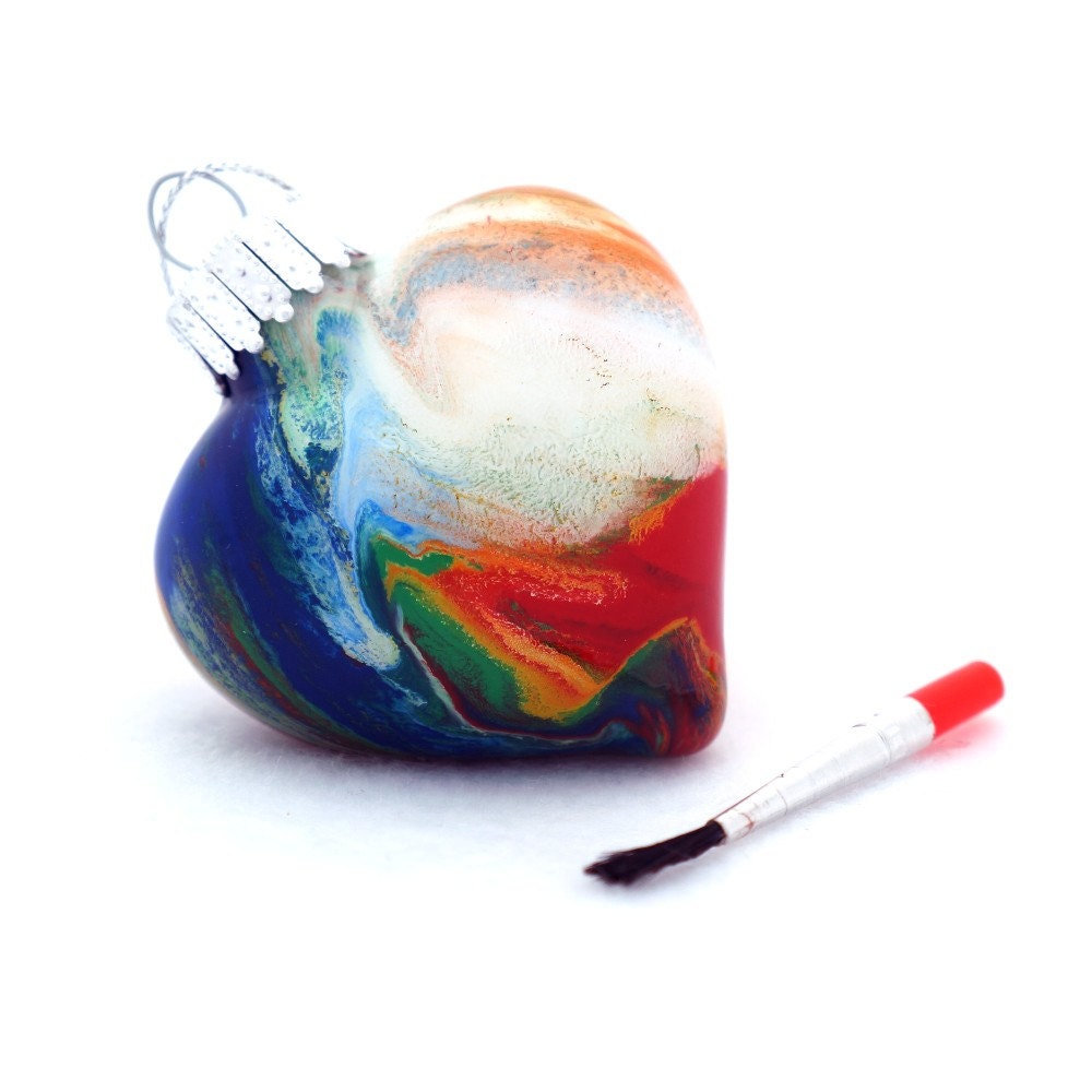 OOAK Handmade Glass Heart Ornament Painted Inside Chakra Tie Dye Rainbow Colors Decoration