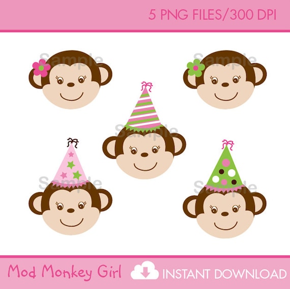 Mod Monkey Girl Birthday Clip Art INSTANT DOWNLOAD Il_570xn