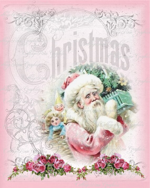 Pink Santa Shabby Christmas pink roses by CottageRoseGraphics