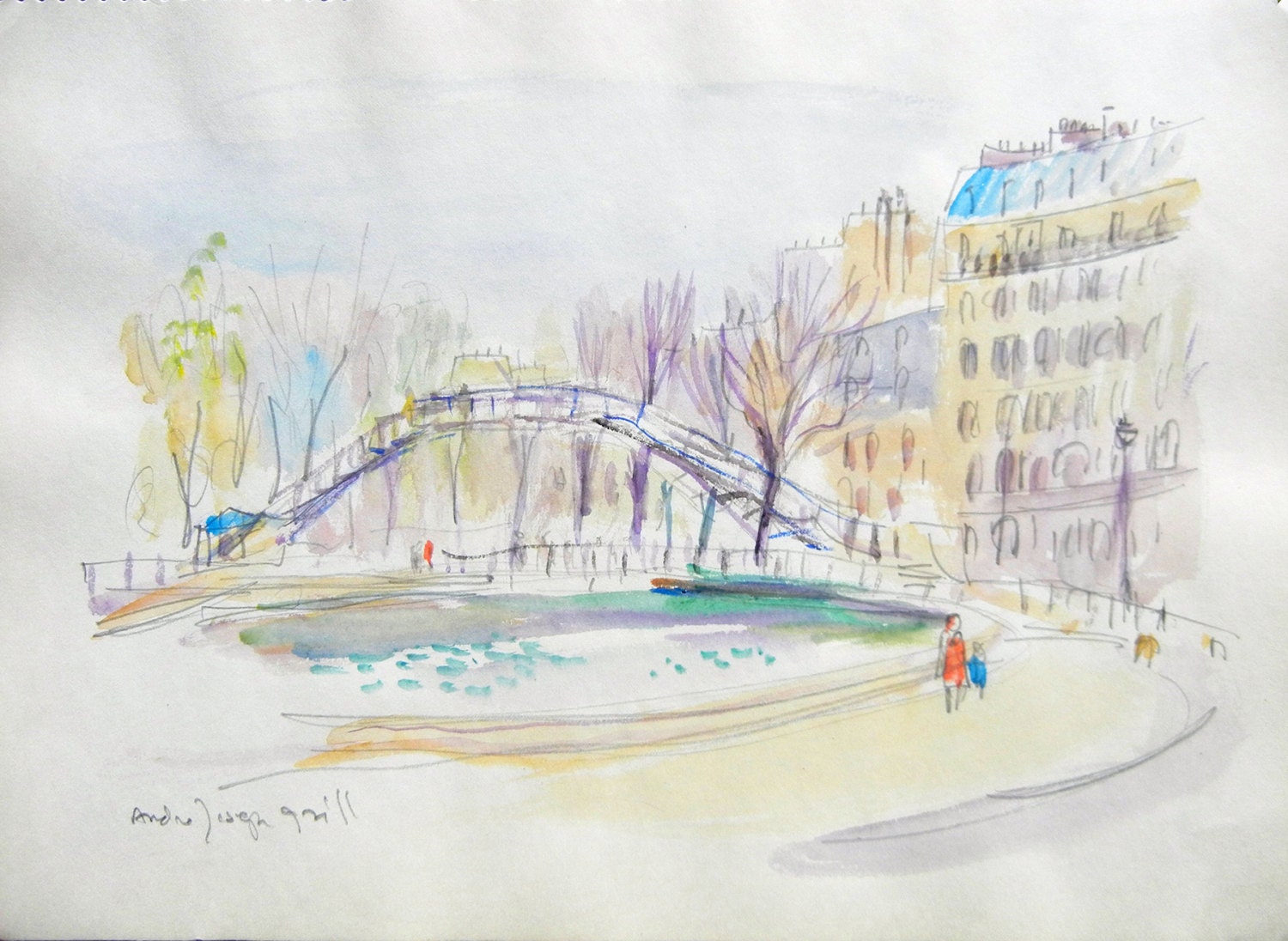Canal Saint-Martin, Paris - Vintage Original Watercolor by Andre Joseph Grill - pennysartloft