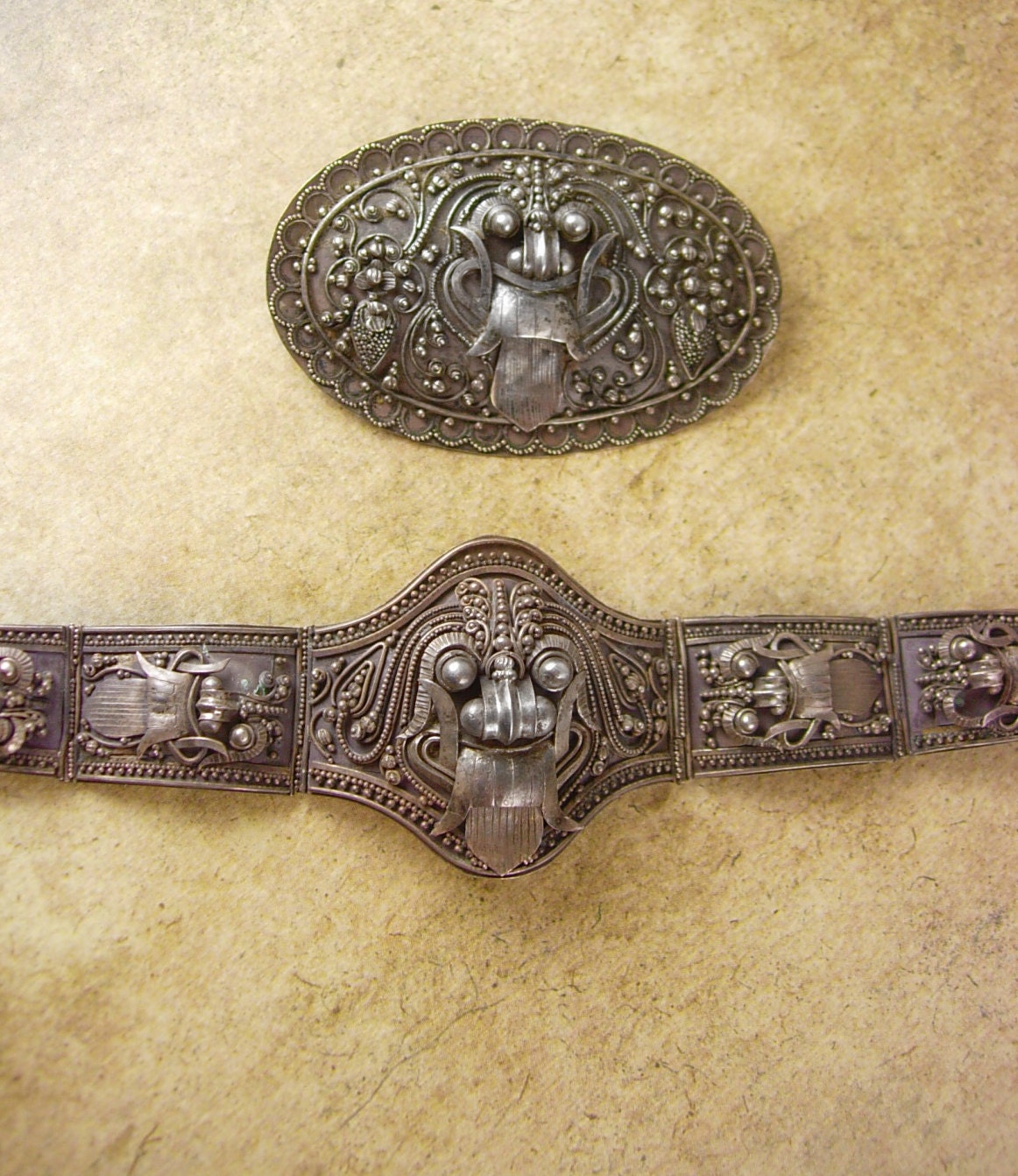 Antique Qing Dynasty Foo Dog Bracelet Brooch Silver etruscan Chinese