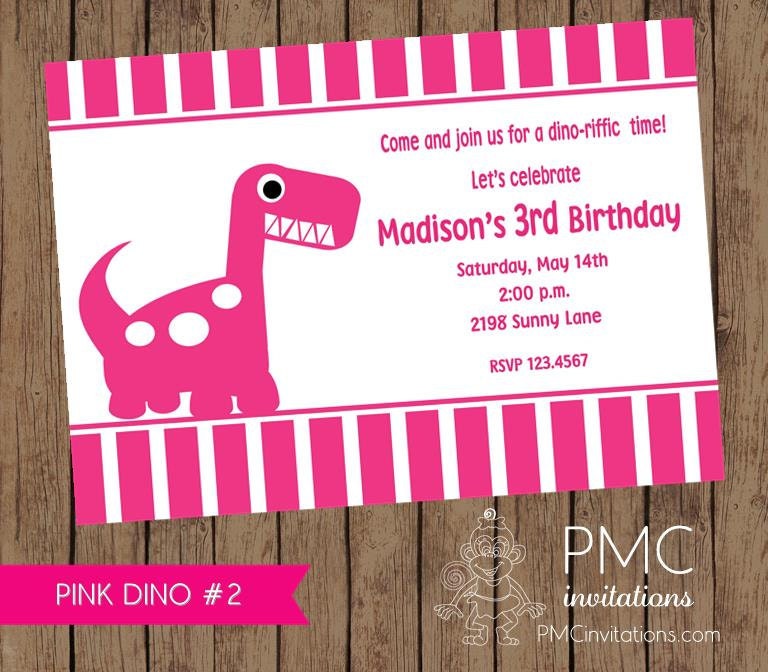 Pink Dinosaur Birthday Invitation - 1.00 each with envelope Il_570xn