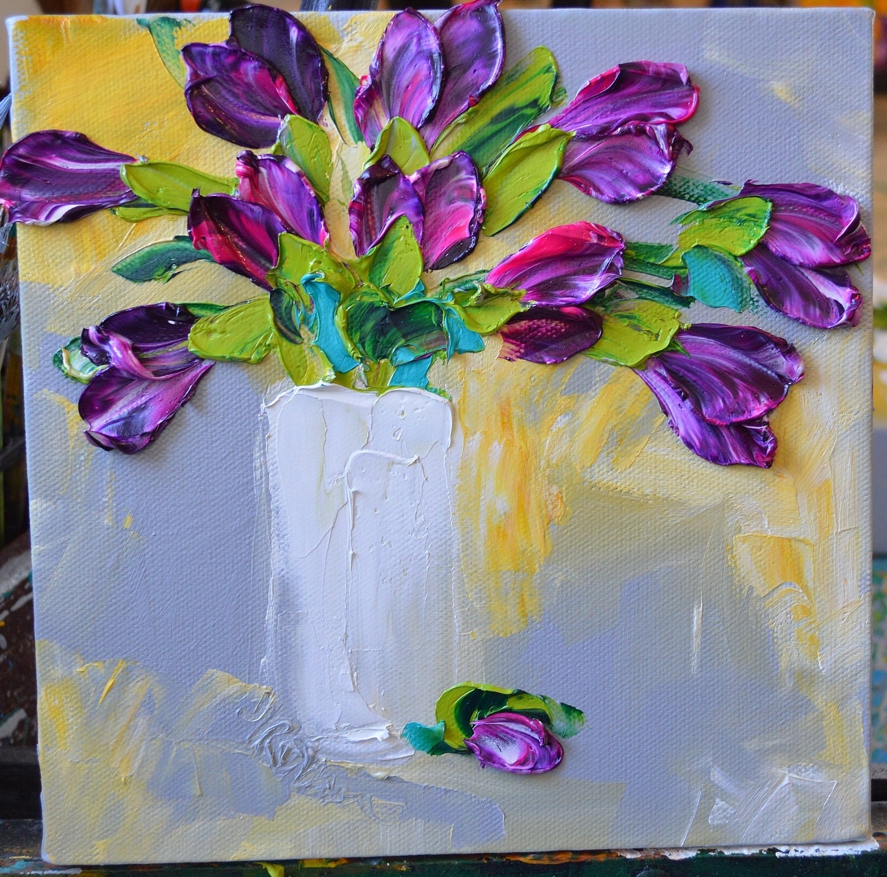 Oil Painting Purple Magenta Tulips Home Decor