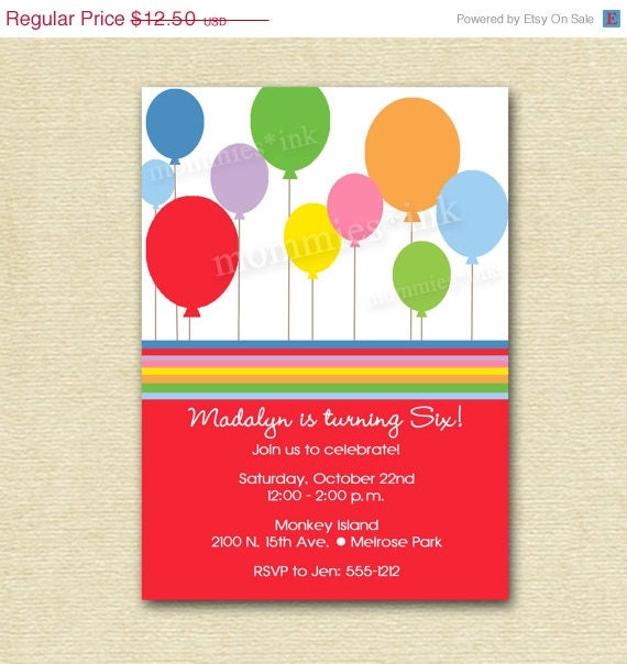 10% Off Holiday Sale Mod Rainbow Party Balloons Birthday Invite - PRINTABLE INVITATION DESIGN Il_570xn