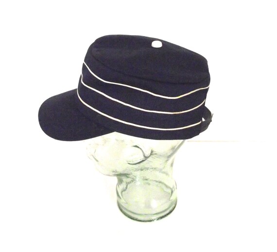 Vintage Navy Blue Flat Top Baseball Hat with White by