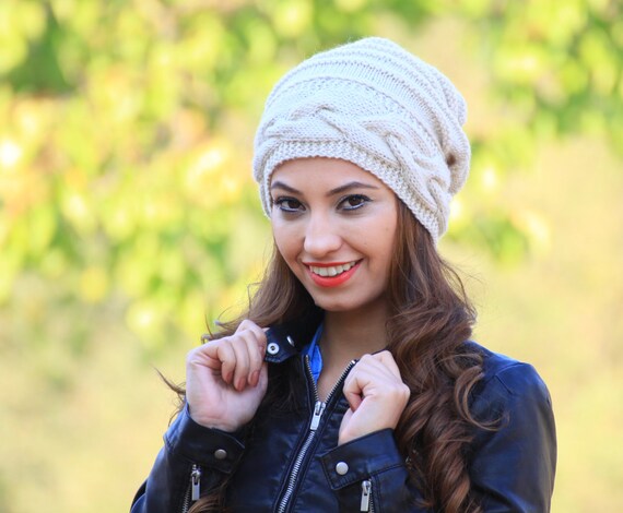 CLEARANCE Slouch hat Womens knit hat in cream by SENNURSASA